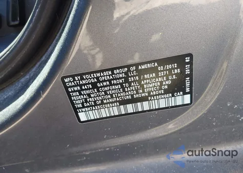 2012 Volkswagen Passat 2.5L Se z USA, uszkodzony, nr VIN 1VWBH7A3XCC053453